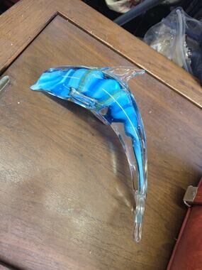 Art Glass Dolphin Paperweight Figurine Blue Swirl Strip Hand Blown 11 in